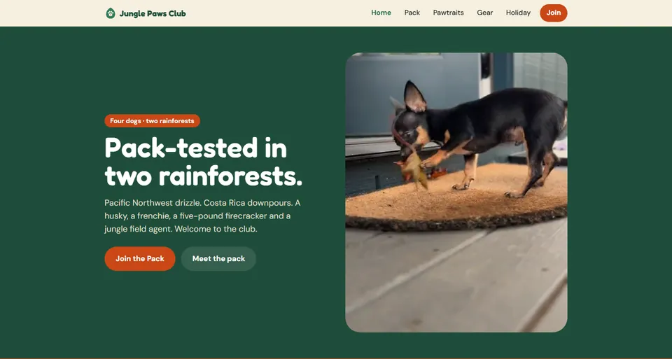junglepawsclub.com homepage: dark green hero with a small black dog on a doormat